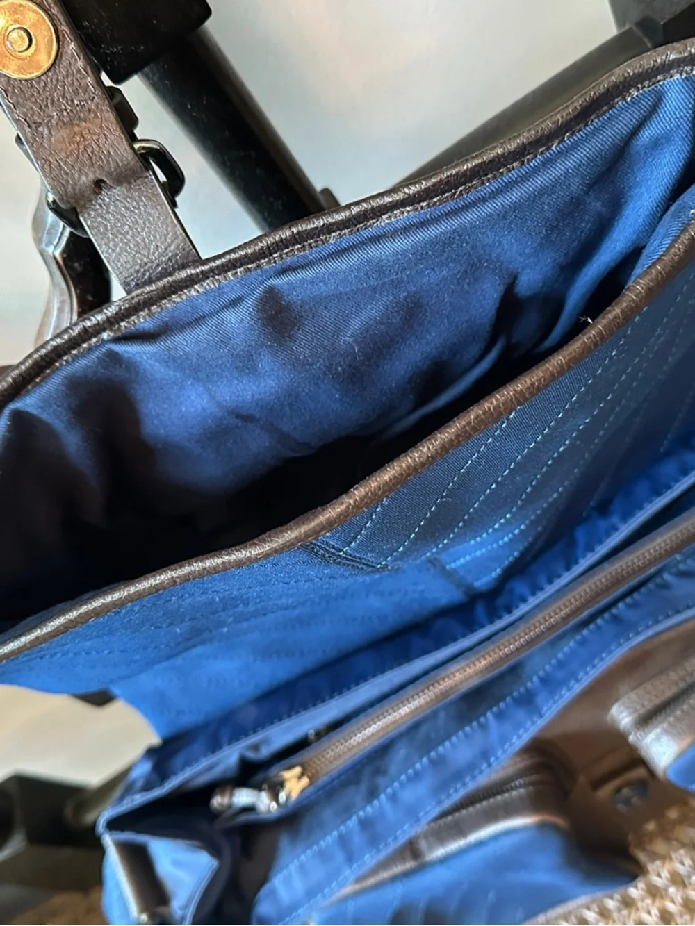 Harmont & Blaine Navy Blue quilted and Brown leather Messenger Bag